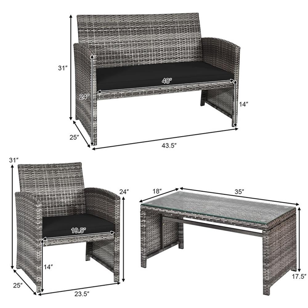 Pemberly Row 4PCS Patio Rattan Furniture Set Conversation Sofa Cushioned Black
