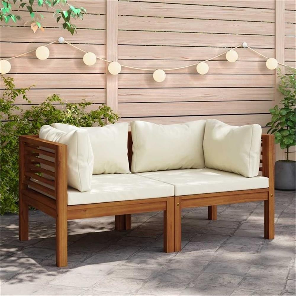 Bowery Hill Solid Acacia Wood Corner Sofa in Cream White Cushions