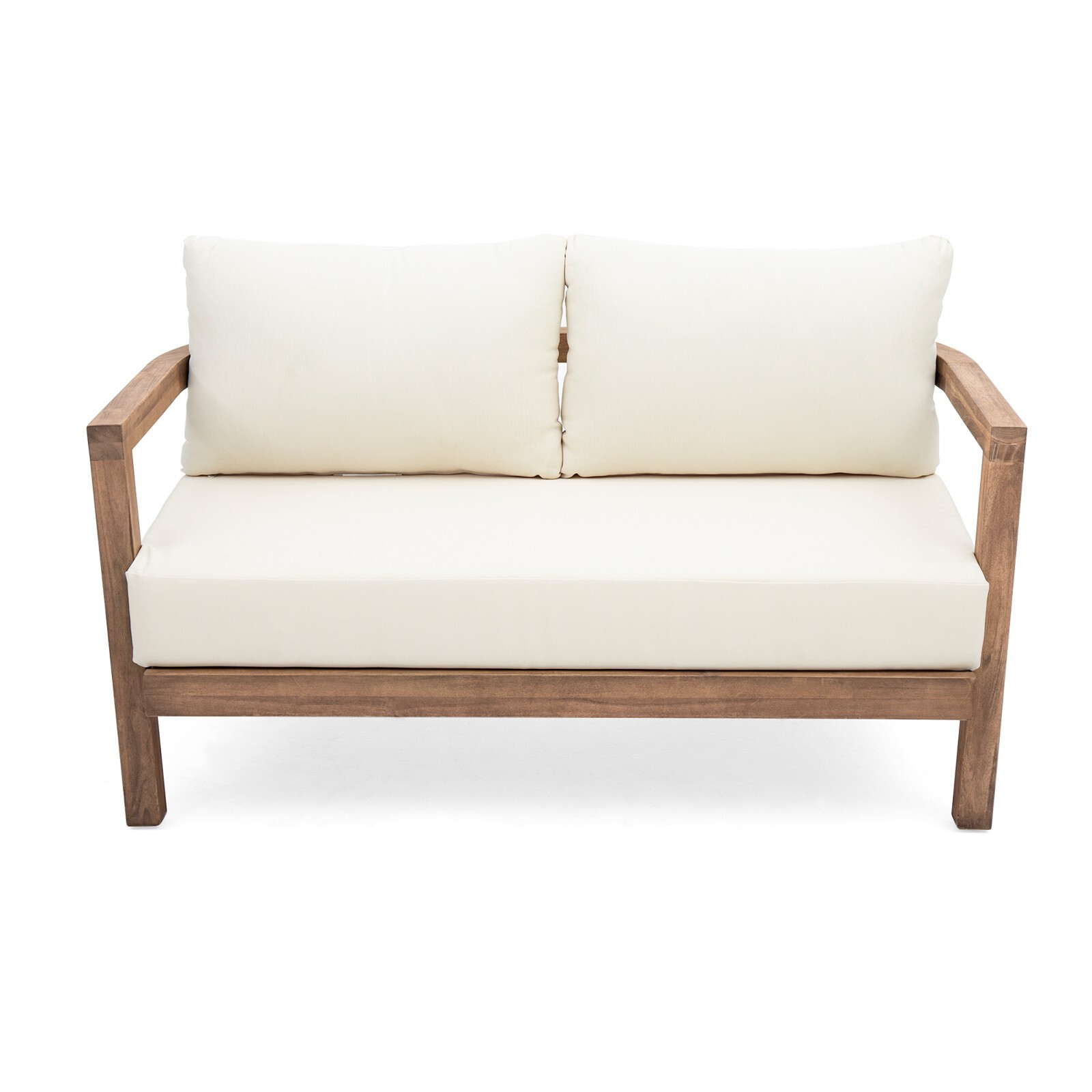 Outdoor Acacia Wood 4 Seater Chat Set with Cushions, Beige and Brown Wash