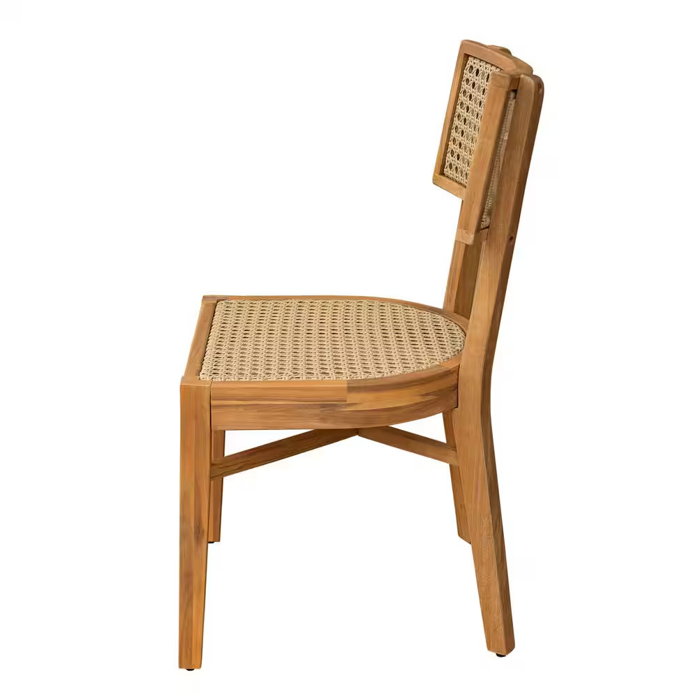 Ellery Rustic Teak Finish Solid Wood Outdoor Dining Chairs with Light Brown Wick