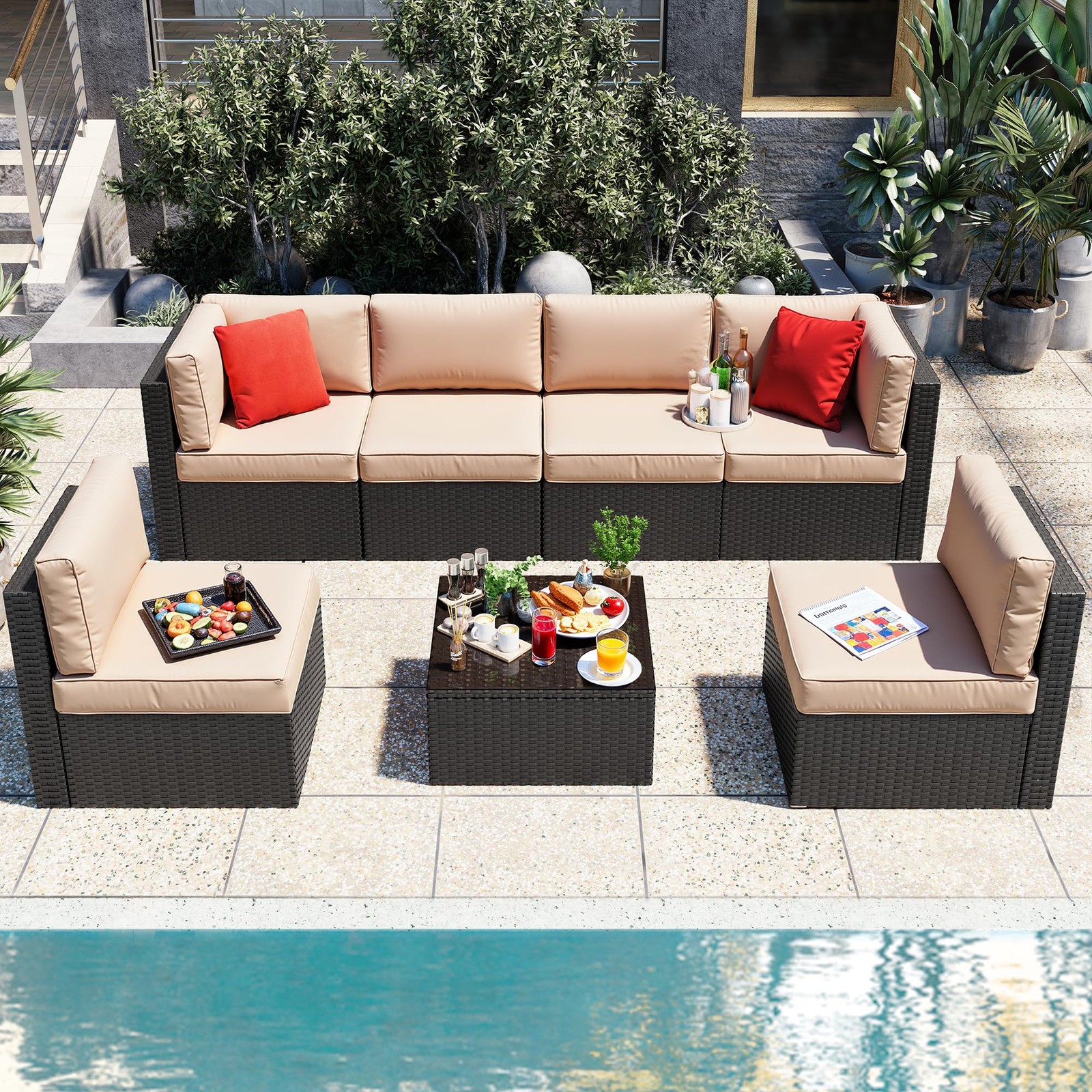 5 Pieces All-Weather Rattan Outdoor Patio Sectional Furniture Set with Cushion