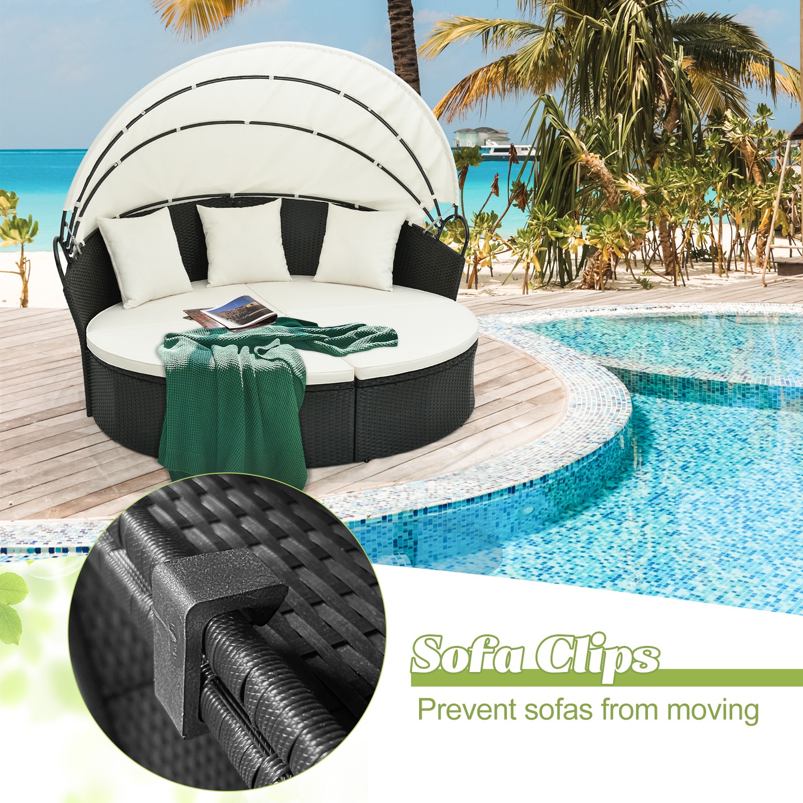 Patio Round Daybed Wicker Daybed with Retractable Canopy for Backyard Off White
