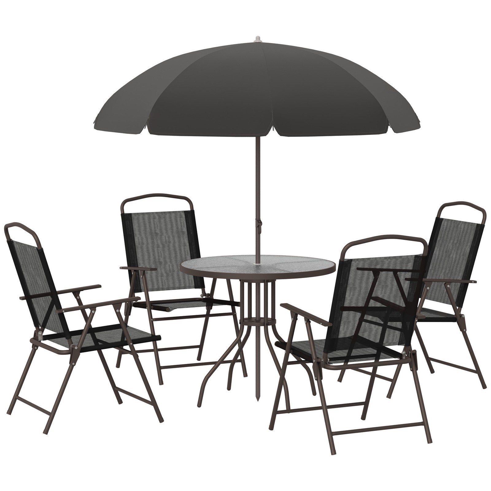 6-Piece Patio Dining Set for 4 with Umbrella, Black Outdoor Table & Chairs