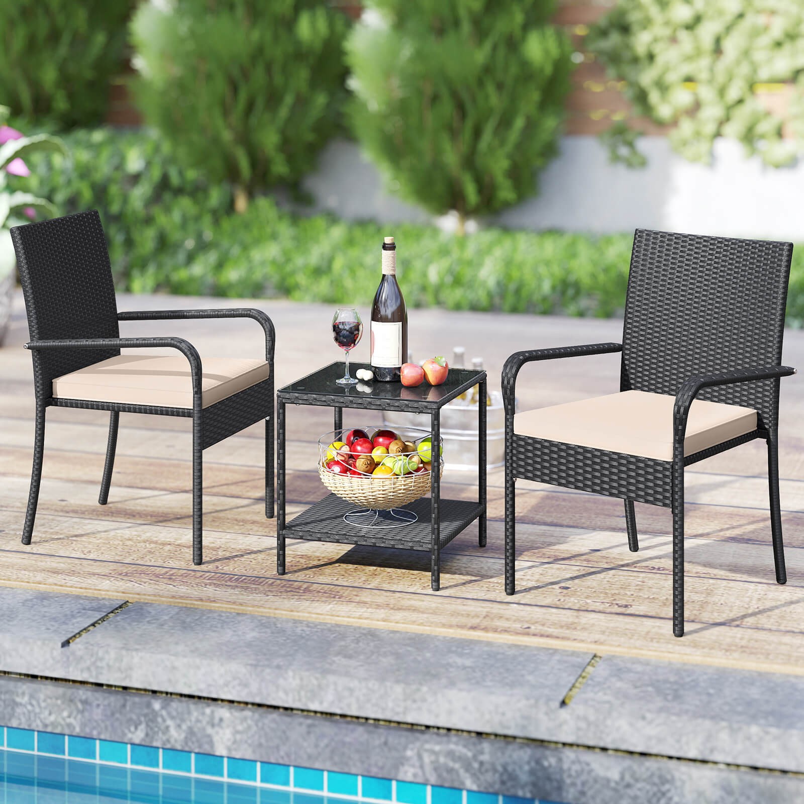 3 PCS Patio Furniture Set w/2-Tier Table Tempered Glass Tabletop & Soft Cushions