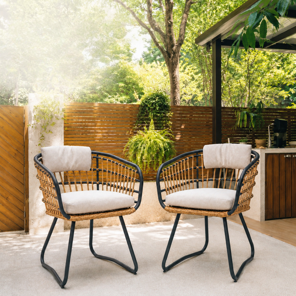 Patio Dining Chairs Set of 2 with Cushions, Beige PE Rattan