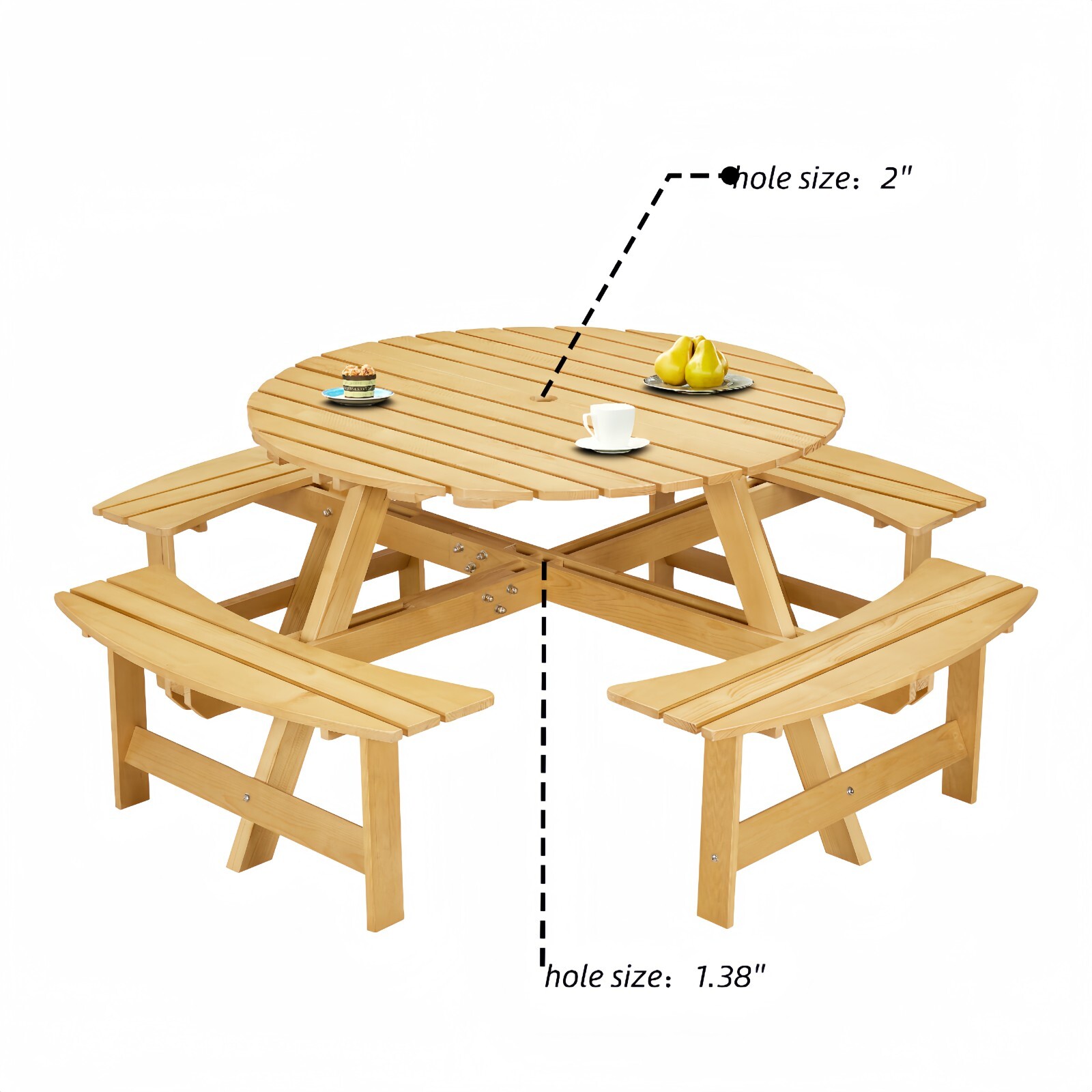 8-Person Outdoor Round Picnic Table Set with 4 Built-in Benches & Umbrella Hole