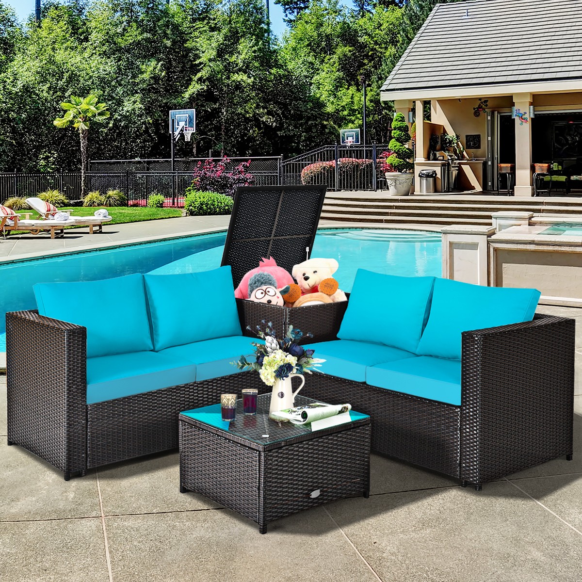 Patiojoy 4PCS Patio Rattan Furniture Set Cushioned Loveseat W/ Table Turquoise