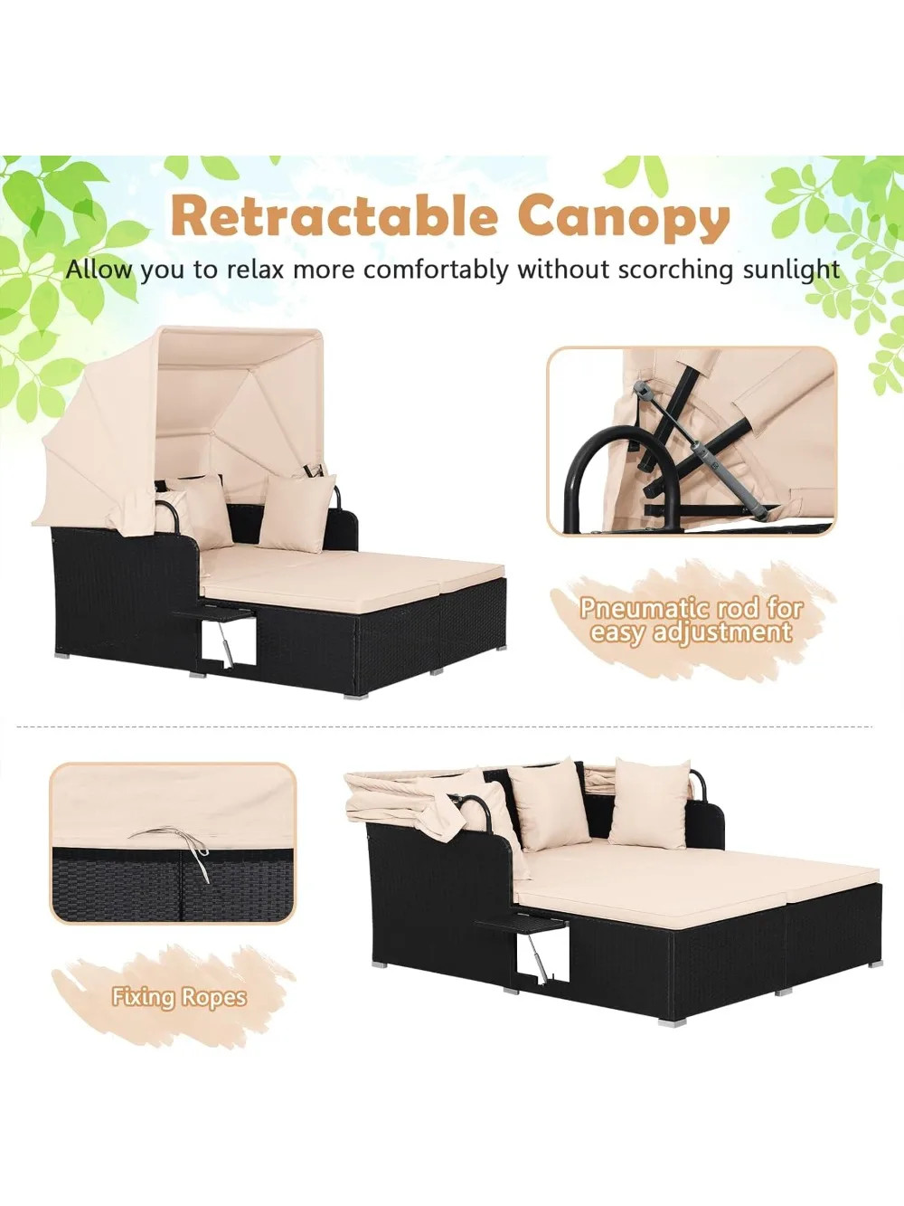 Patio Rattan Daybed W/ Canopy, Outdoor Lounger, 2 Side Tables, Cushions