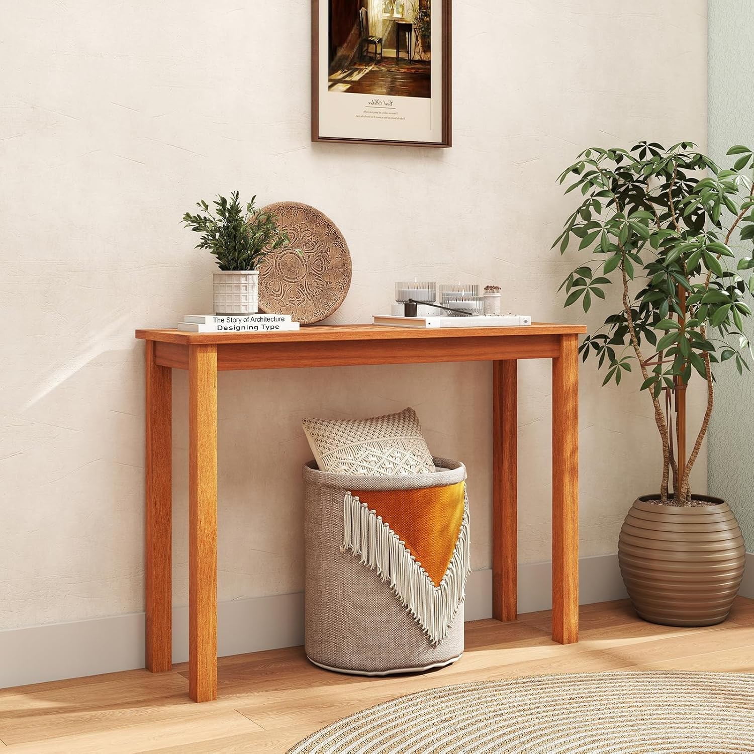 Narrow Outdoor Dining Table, Solid Wood Furniture Patio Console Table with
