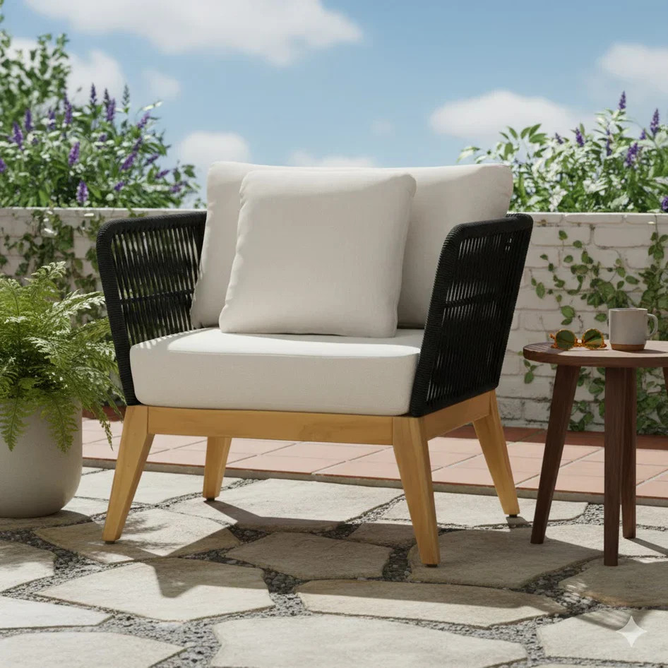 Cypress Teak Wood Sofa Set with Black Rope Design – Modern Outdoor Lounge 4-Sea