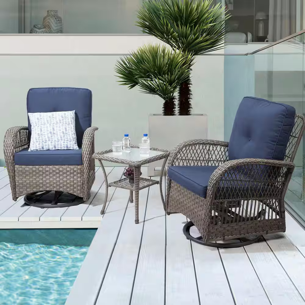 3-Piece Wicker Outdoor Rocking Chair Patio Conversation Set Swivel Chairs with B