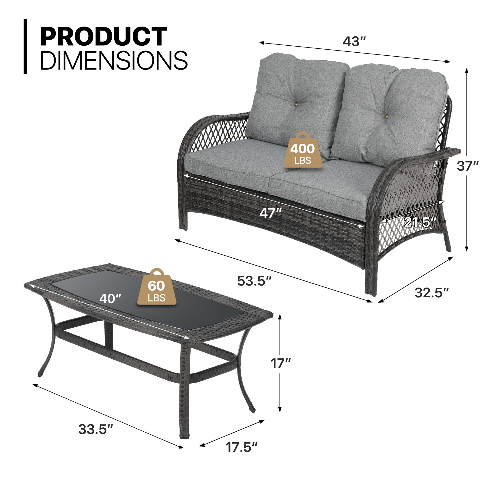 2 Set of Patio PE Rattan Furniture Set All-Weather Sofa Coffee Table w/Cushion