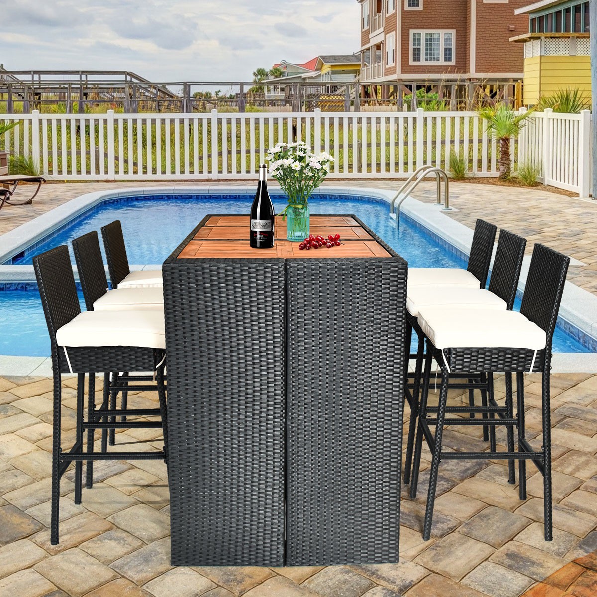 7 PCS Rattan Bar Table & Chair Set Dining Furniture Set Wood Table Top Outdoor