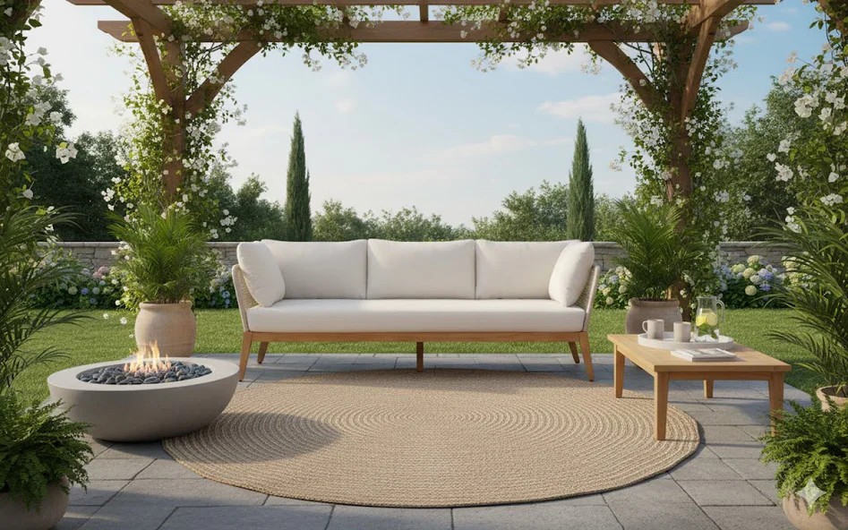 Cypress Teak Wood Sofa Set with Beige Rope Design – Modern Outdoor Lounge 4-Sea