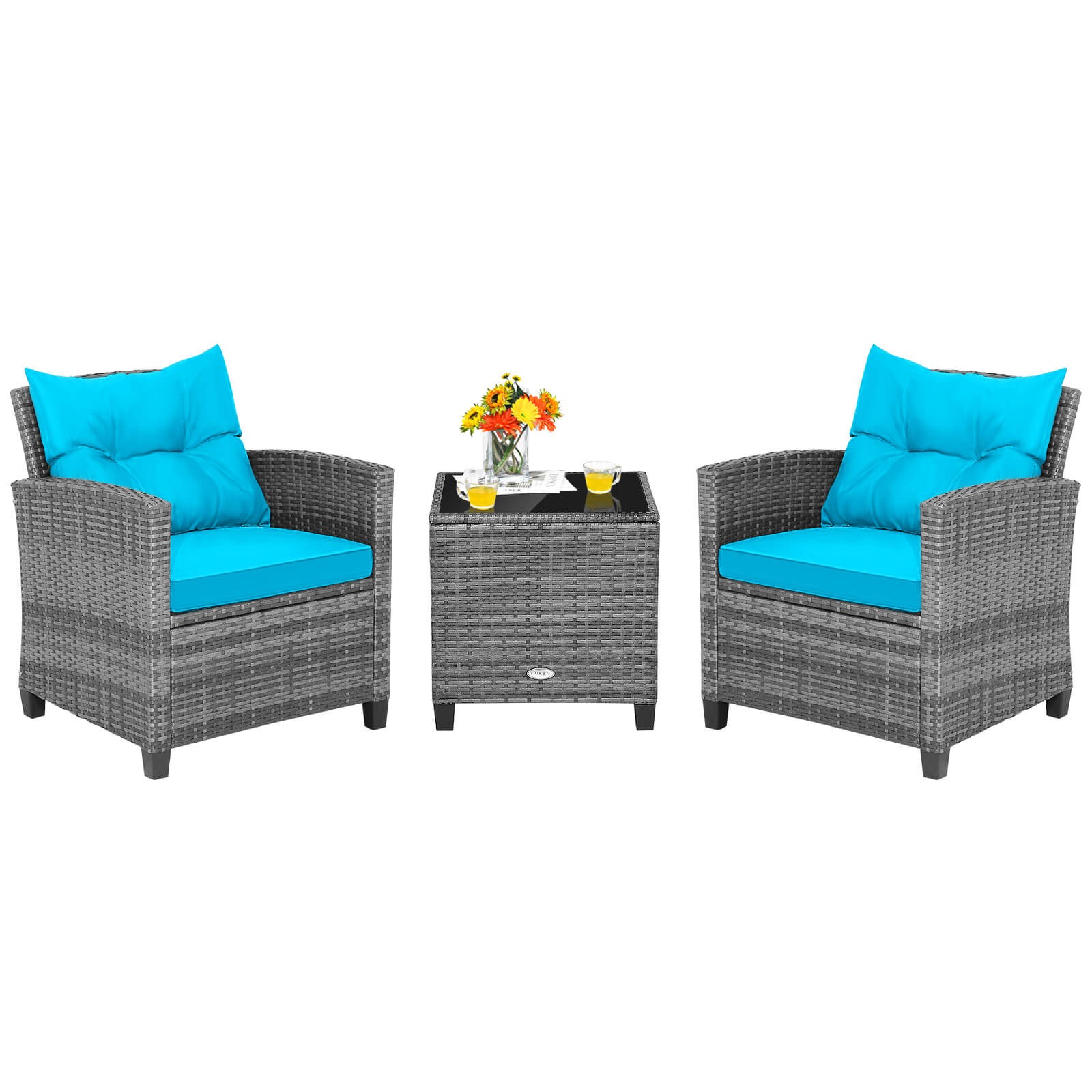 3PCS Patio Rattan Furniture Bistro Set Cushioned Sofas Side Table Armrest