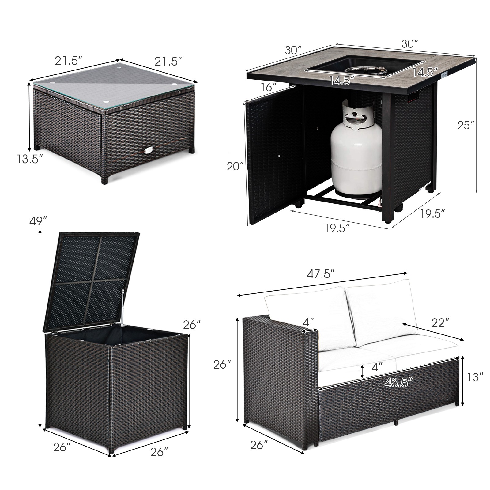 5PCS Patio Furniture Set w/30 Inches Gas Fire Pit Table, Cushions, Storage Box