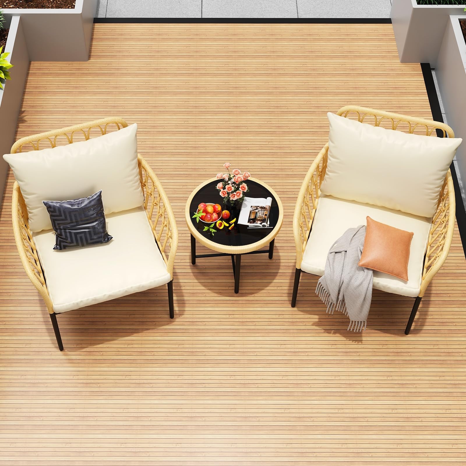 3 Pieces Patio Furniture Conversation Set with 2 Rattan Chairs Glass Coffee Tabl