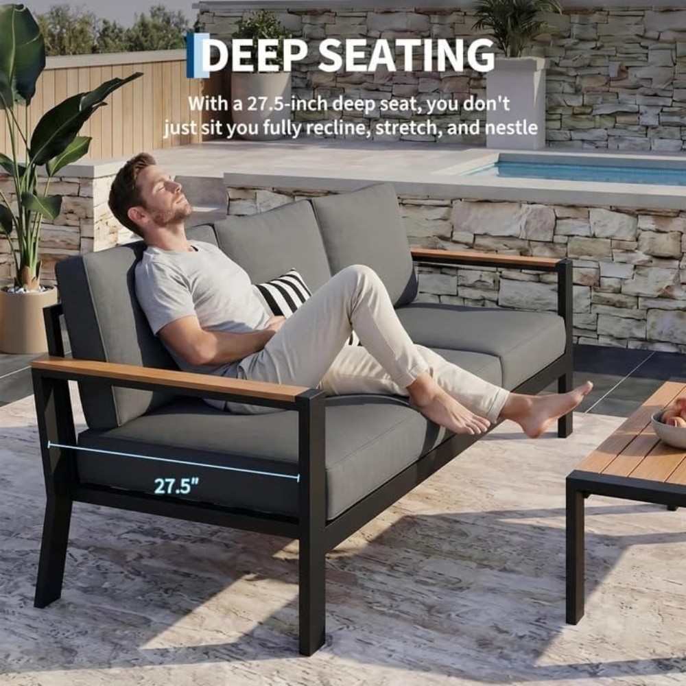 Outdoor Aluminum Patio Furniture 3-Seat All-Weather Metal Sofa w/ Cushion Garden