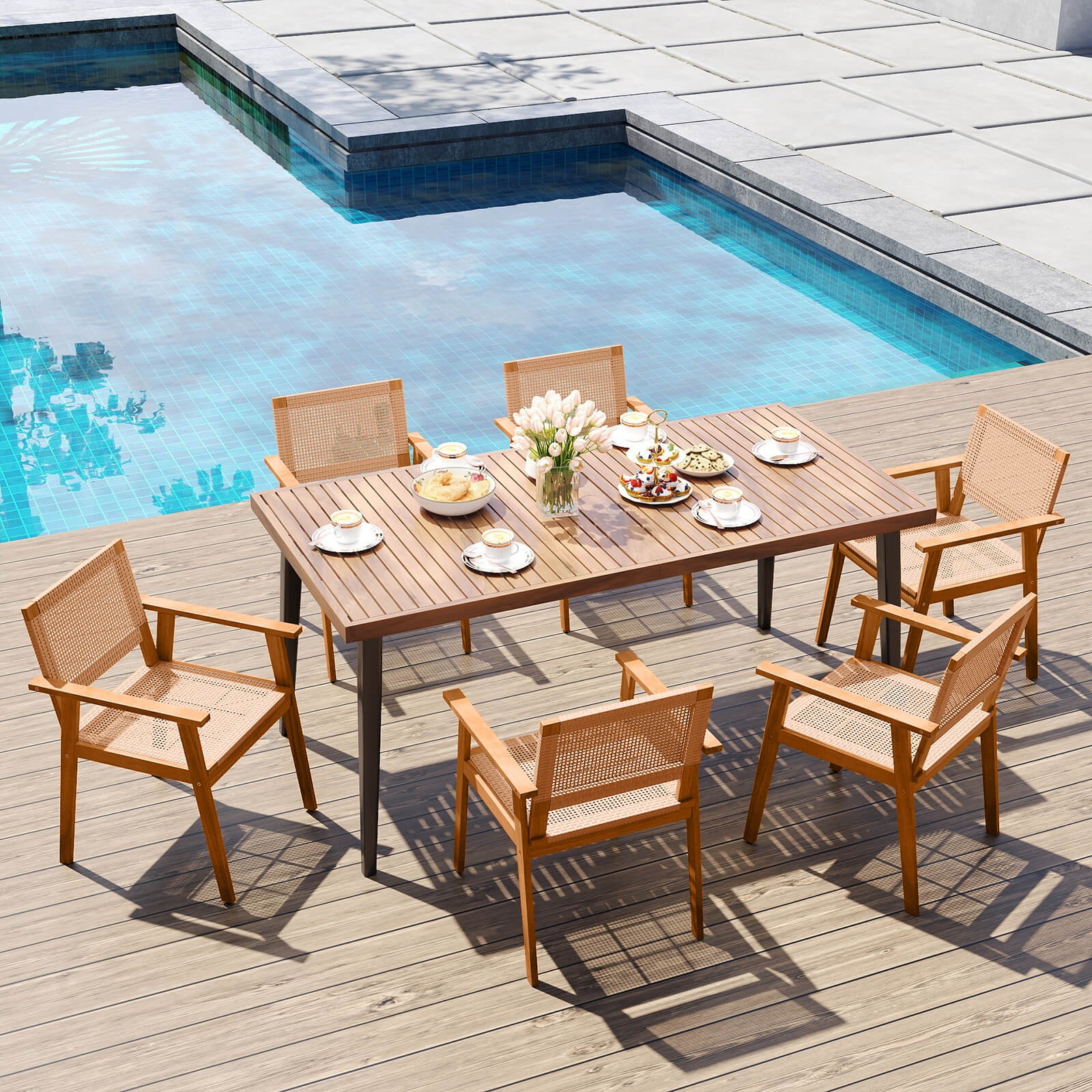 Acacia Wood Outdoor Dining Chairs Set of 4 w/Backrests & Armrests for Backyard