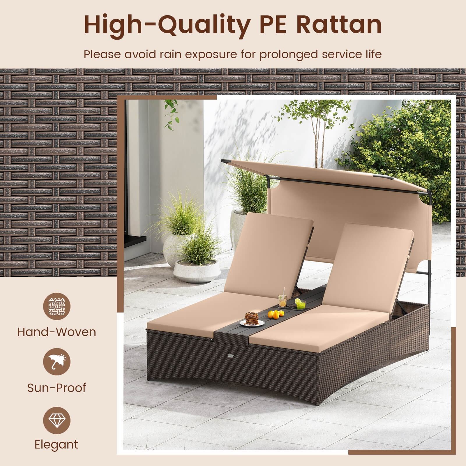 Outdoor Daybed with Adjustable Backrests 2-Person PE Rattan Patio Bed w/ Canopy