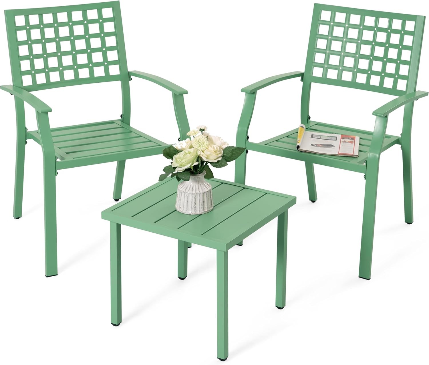3 Pieces Outdoor Bistro Set, All-Weather Patio Furniture with 2 Metal Stackable