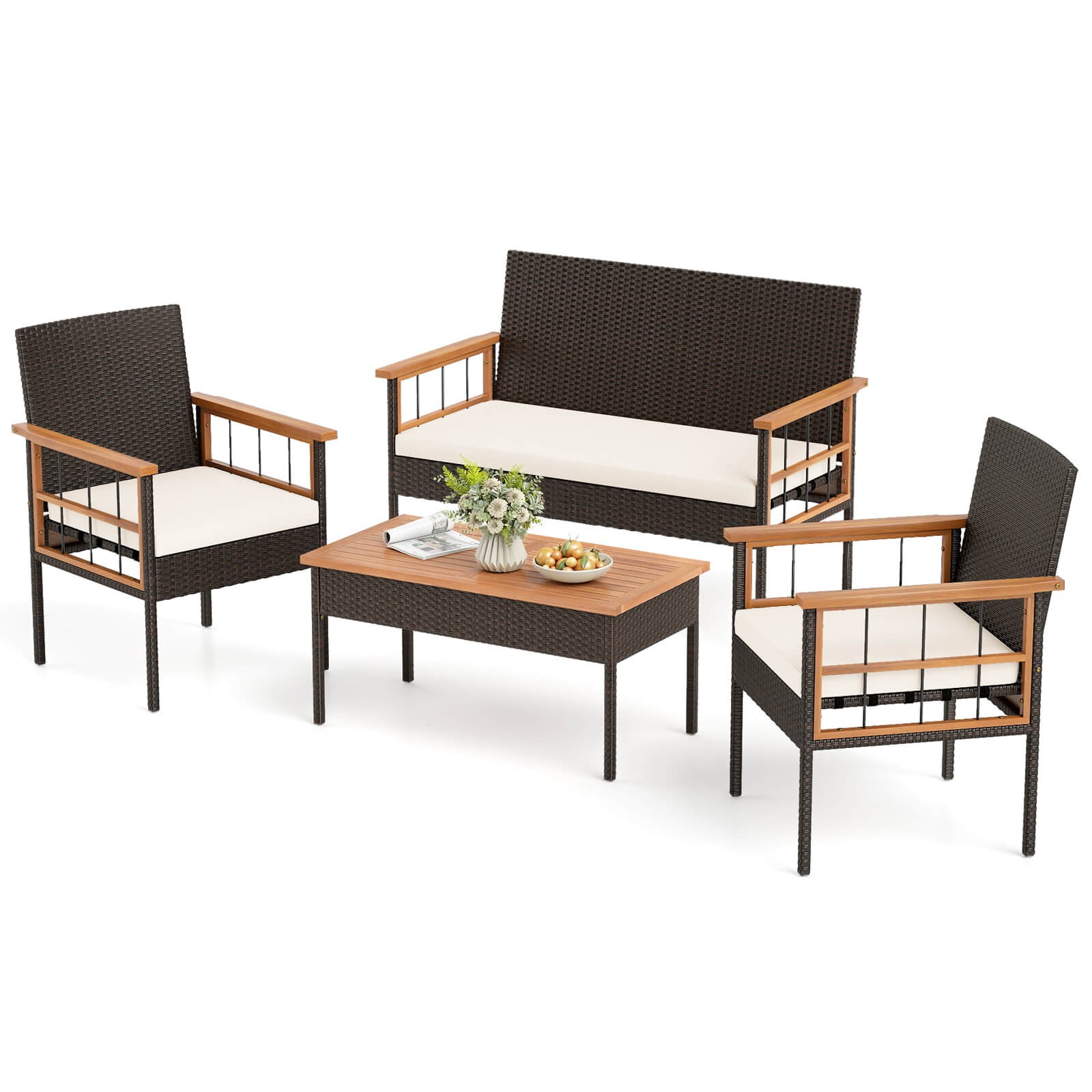 4 PCS Wicker Furniture Set w/Acacia Wood Tabletop Armrests Cushions for Backyard