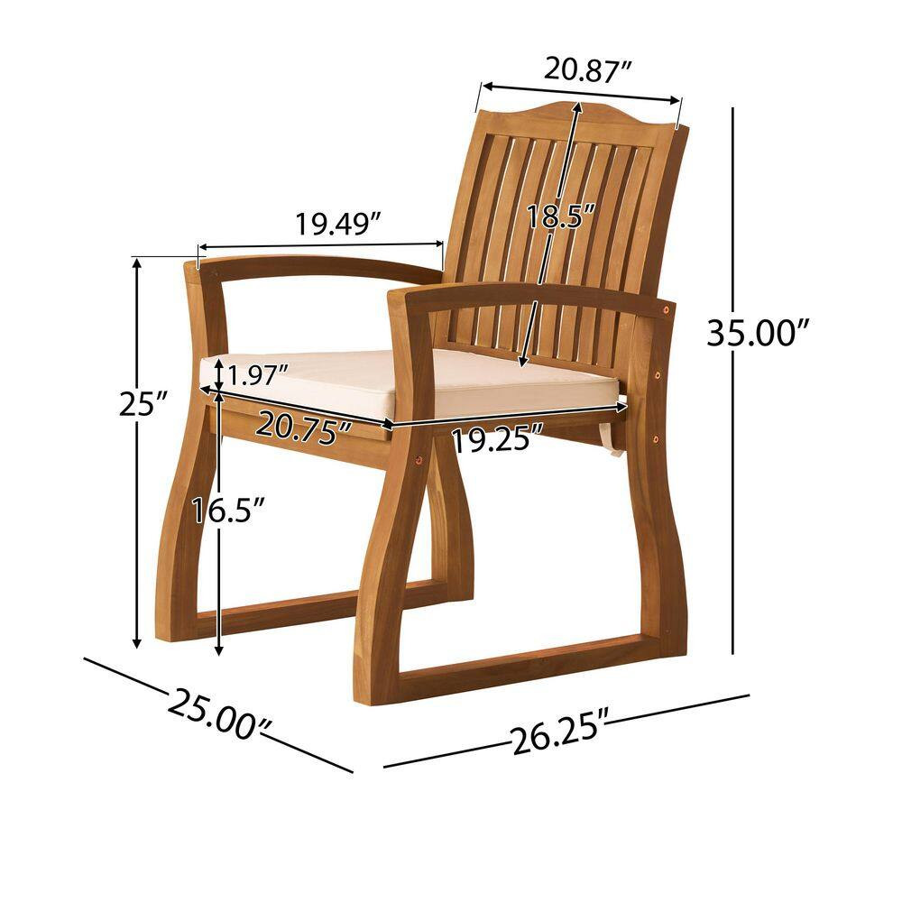 2-Pieces Outdoor Wood Dining Chairs with Cream Cushions for Garden in Brown