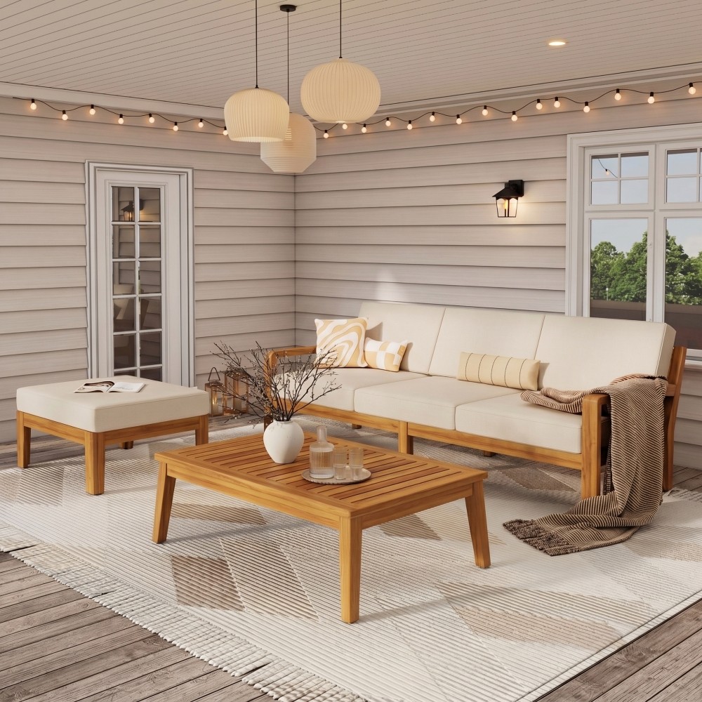 3-Piece Acacia Wood Patio Sectional Set L-Shaped Outdoor Sofa Garden Couch Set