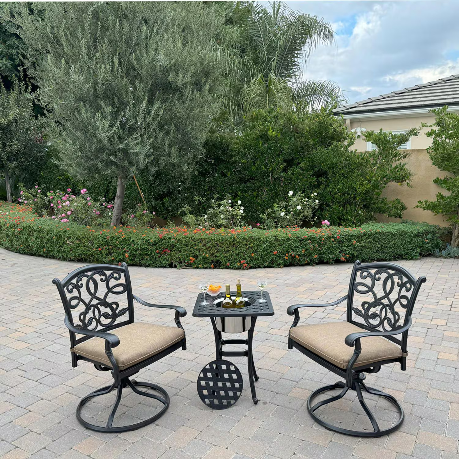 Santa Monica 3 Pc Cast Aluminum Dining Set Ice Bucket Table in Antique Bronze