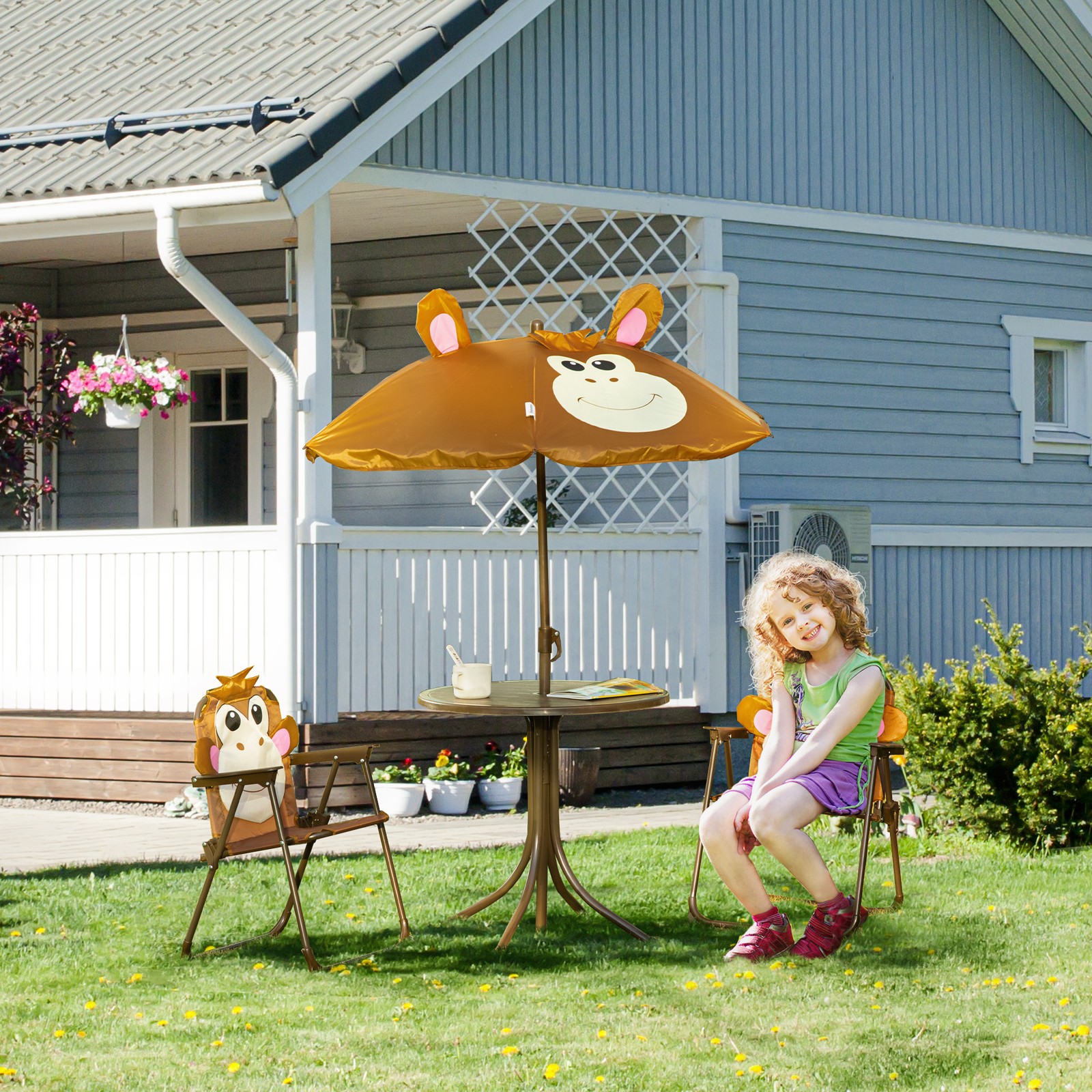 Kids Folding Picnic Table and Chair Set, W/ Adjustable Umbrella, Brown