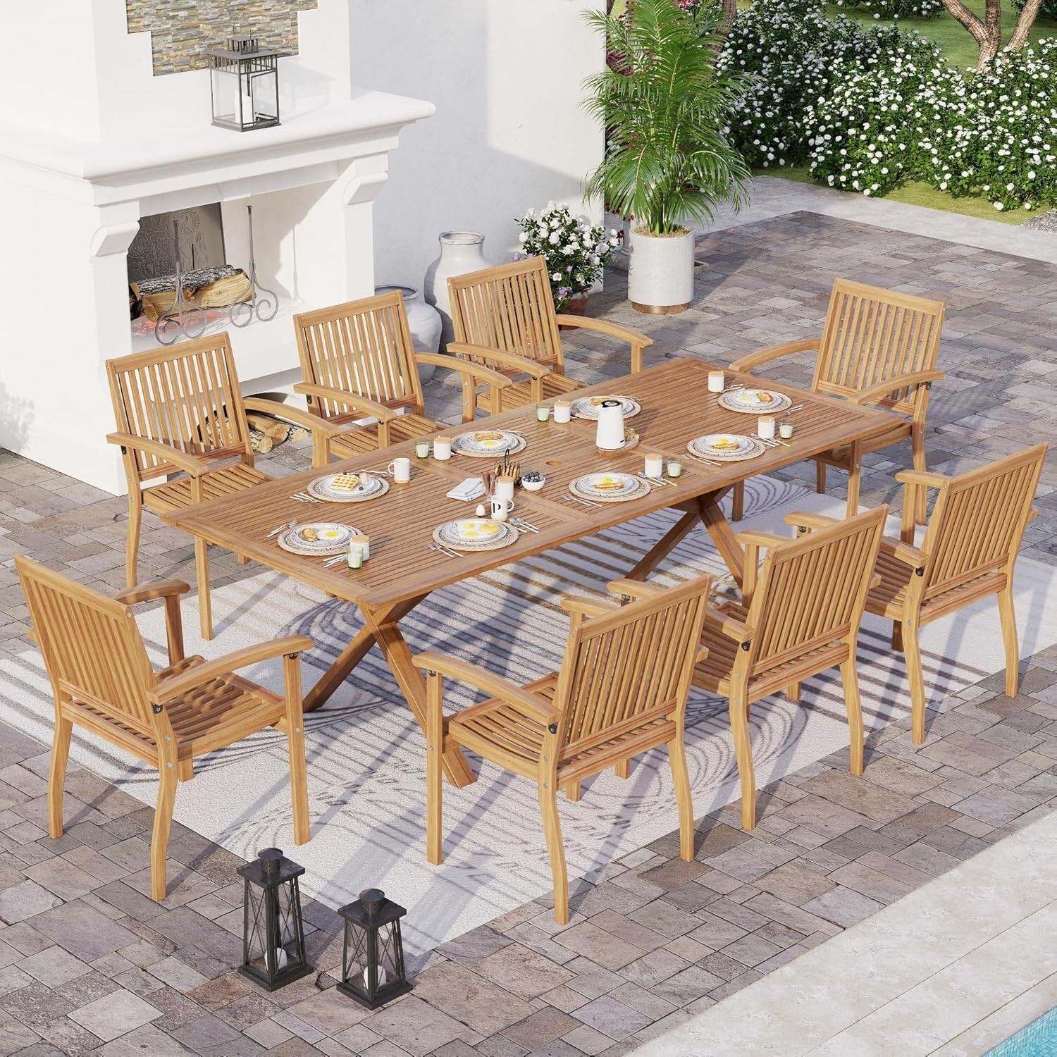 9Piece Patio Furnitre Set Acacia Wood Outdoor Dining Table Chairs Set Expandable