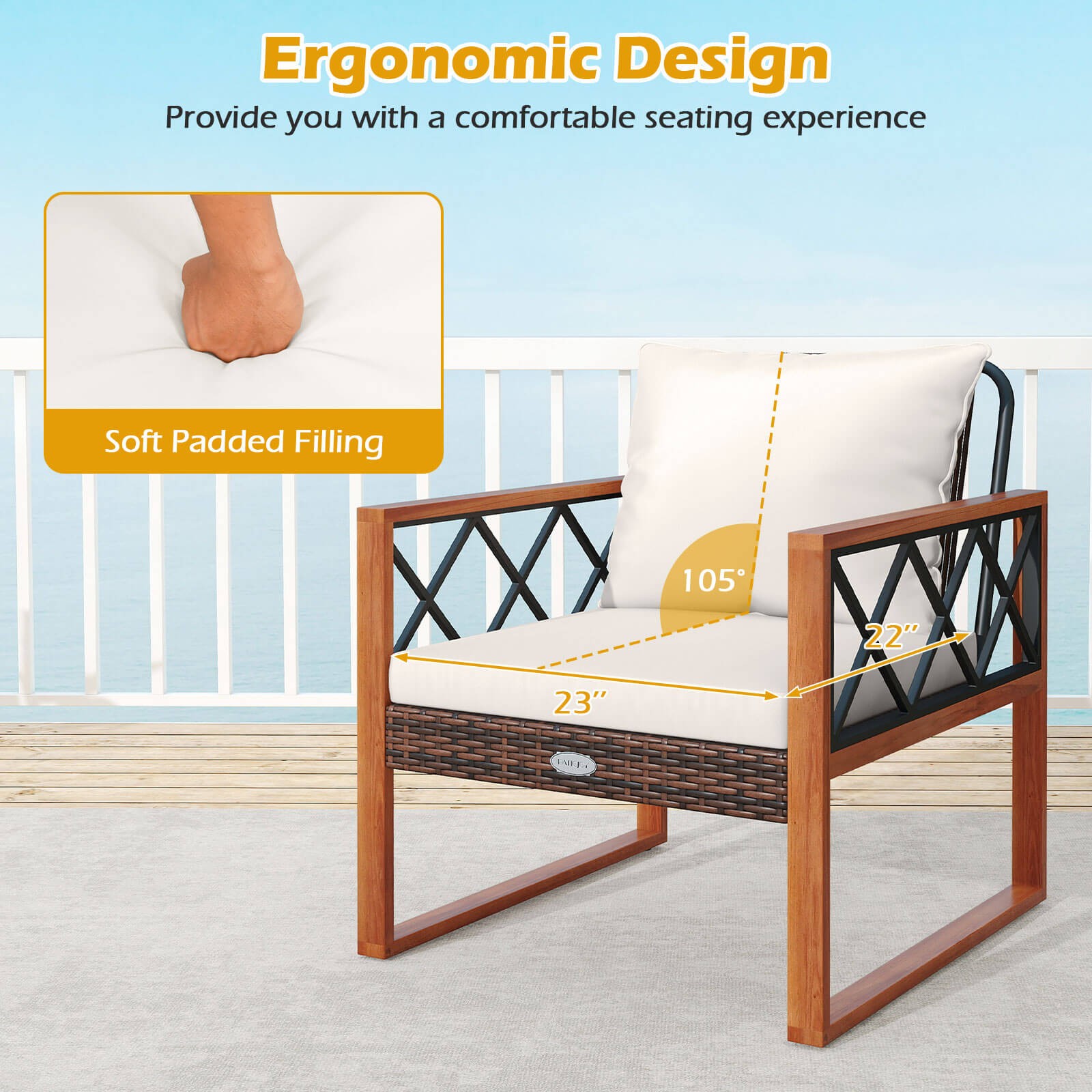 3 PCS Patio PE Wicker Furniture Set w/Solid Acacia Wood Frame & Cushions