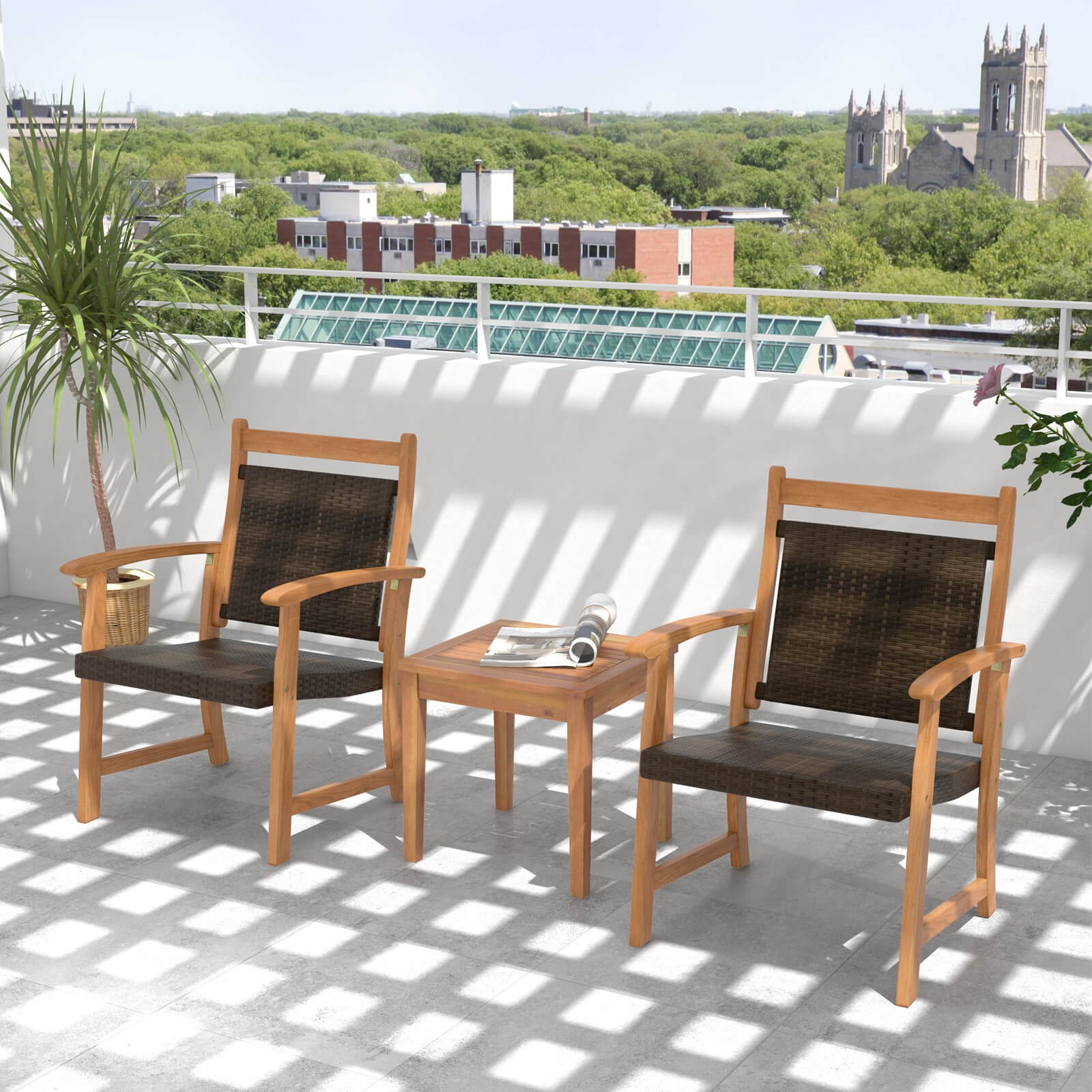 Patiojoy Patio 3PCS Rattan Bistro Set Acacia Wood Frame Armrest Chairs Garden