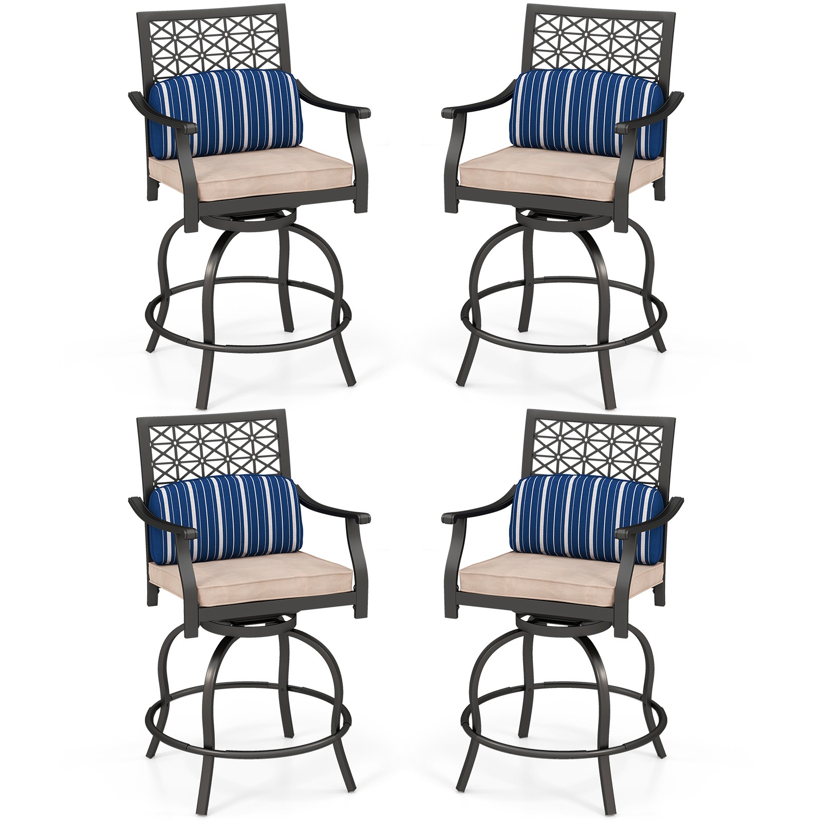 Set of 4 Patio Swivel Bar Stool Chairs Cushioned Pillow Armrest Rocking