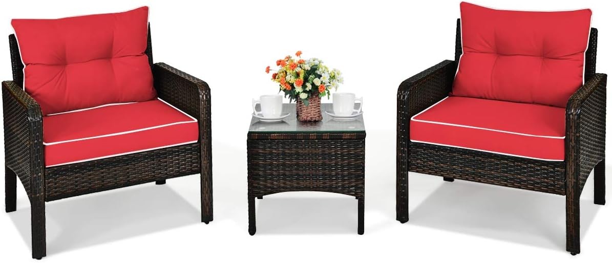 3PCS Patio Furniture Set Outdoor Wicker Cushioned Sofa Set W/ Coffee Table