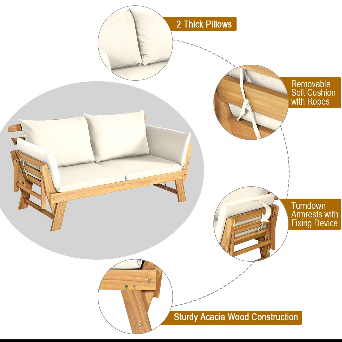 Patio Convertible Sofa Daybed Solid Wood Adjustable Furni Thick Cushion White