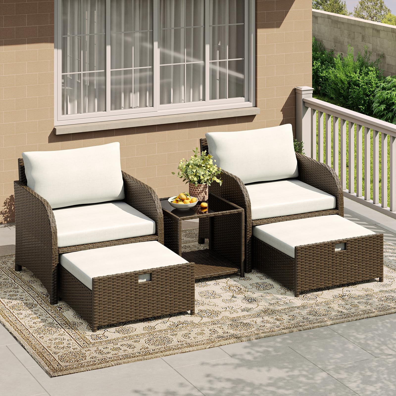 Rattan Patio Set 5 Piece Wicker Sofa Hidden Ottomans Glass Coffee Table Cushion