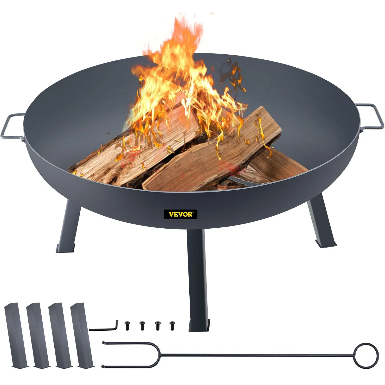 Fire Pit Bowl, 34-Inch Diameter Round Carbon Steel Fire Bowl, Wood Burning for