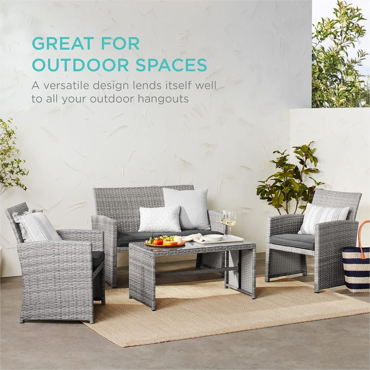 4-Piece Gray Wicker Patio Conversation Set with Glass Table – Modern Elegance