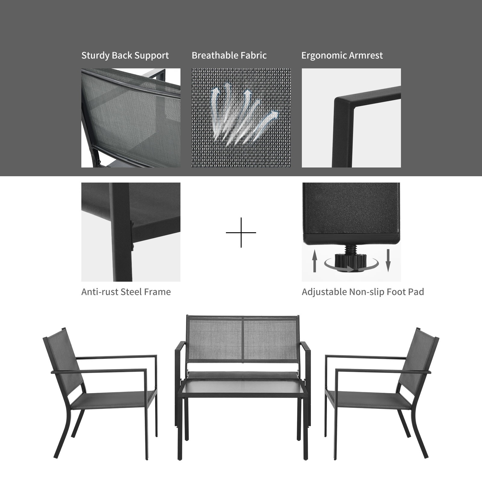 Patiojoy 4 PCS Outdoor Furniture Set Sofa Coffee Table Steel Frame Garden Gray