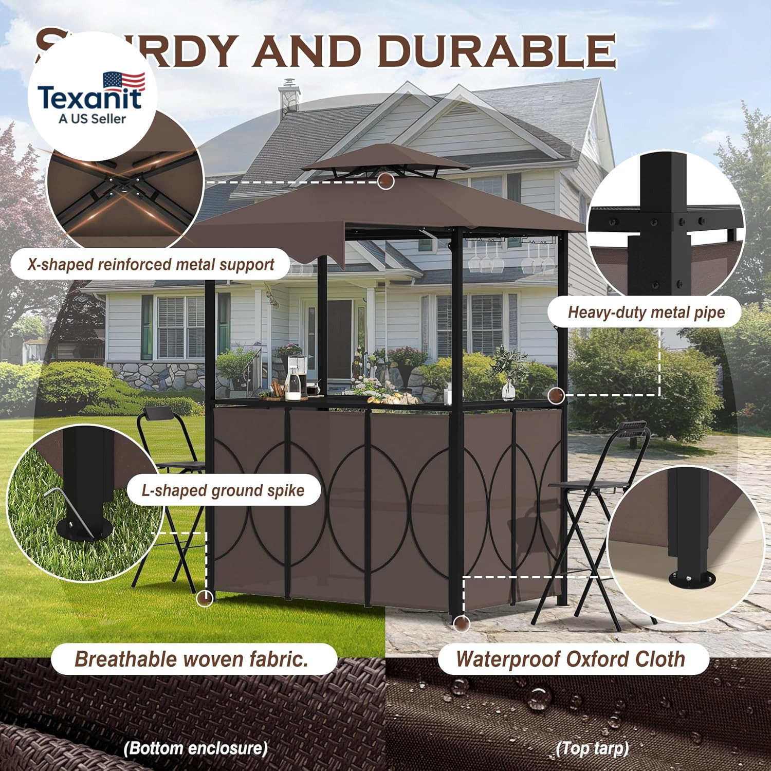 3 Piece Patio Bar and Grill Set, Grill Gazebo with Bar Table and 2 Foldable Stoo