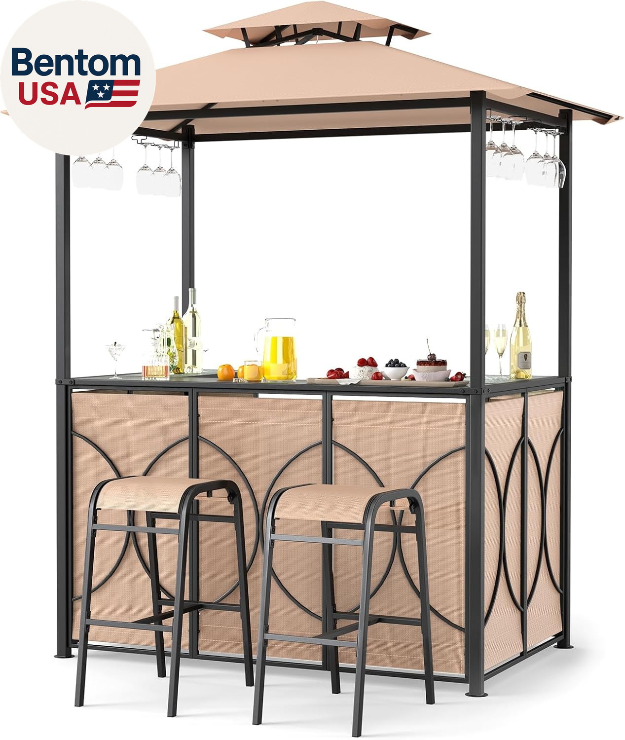 3-Piece Patio Bar Set, Grill Gazebo & 2 Bar Stools with Tempered Glass Bar Table