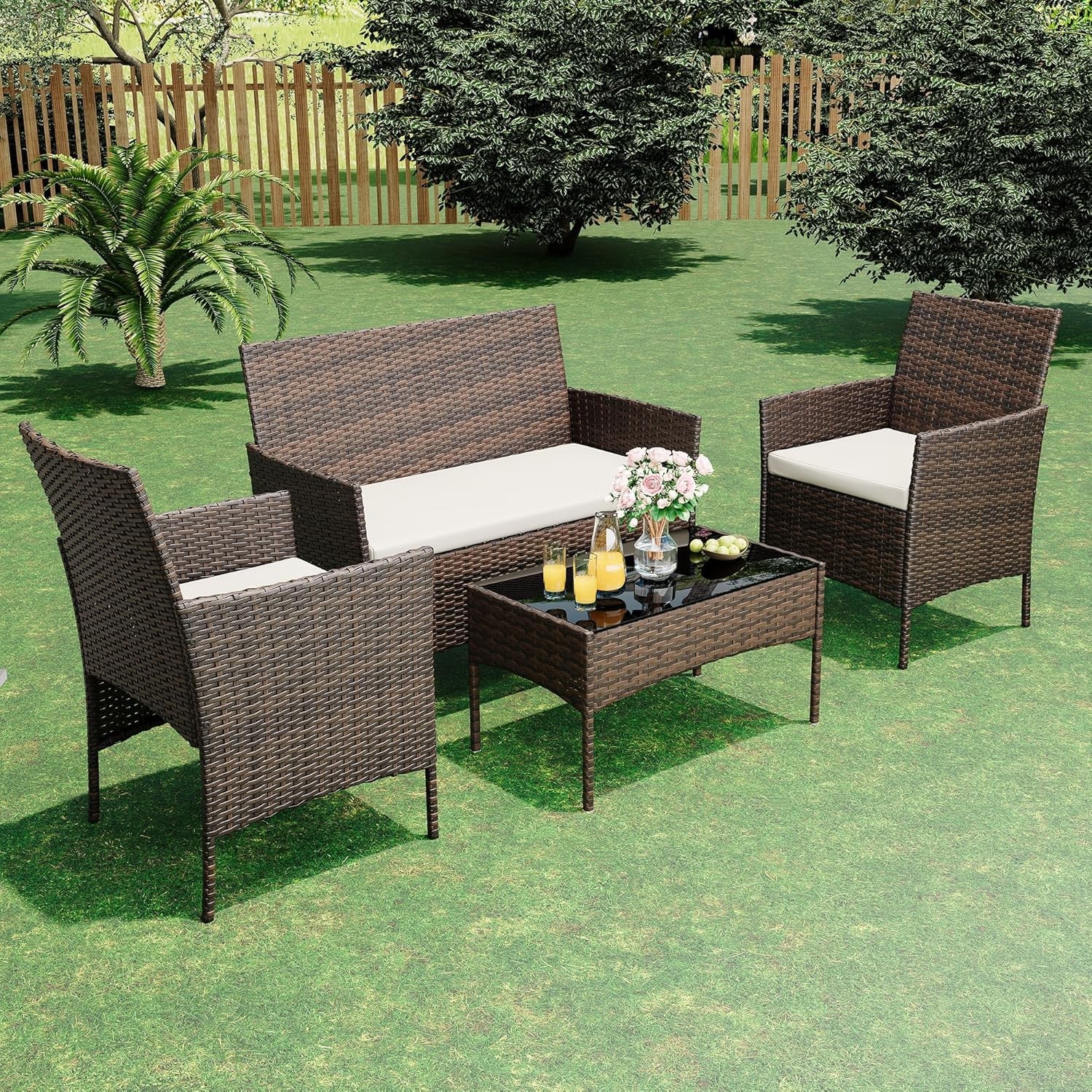Set of 4 Outdoor Patio Furniture Set Rattan Cushioned Sofa Coffee Table Deck