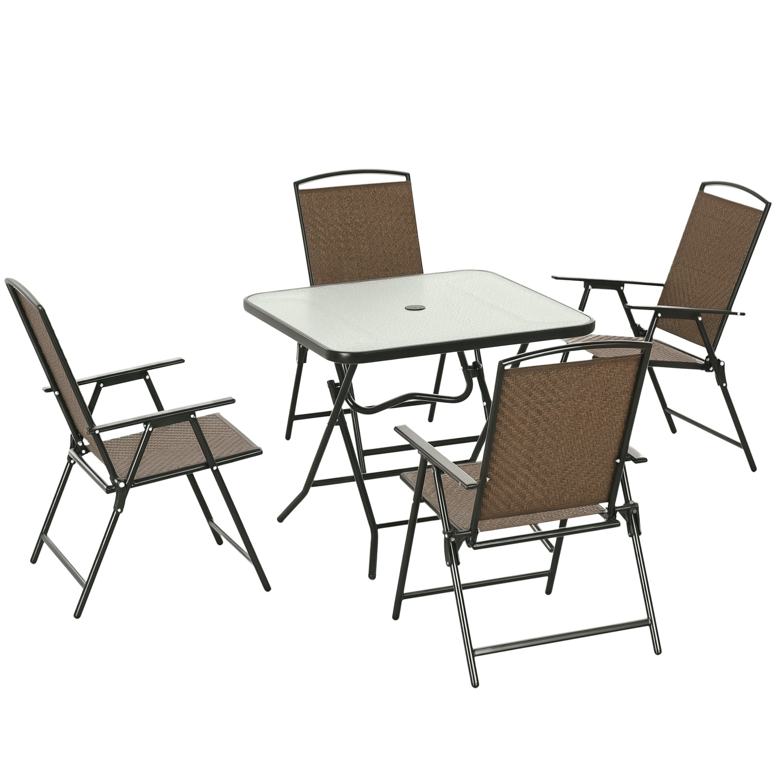 Wicker Patio Dining Set: 1 Table + 4 Chairs, Steel Frame, PE Rattan, Dark Brown