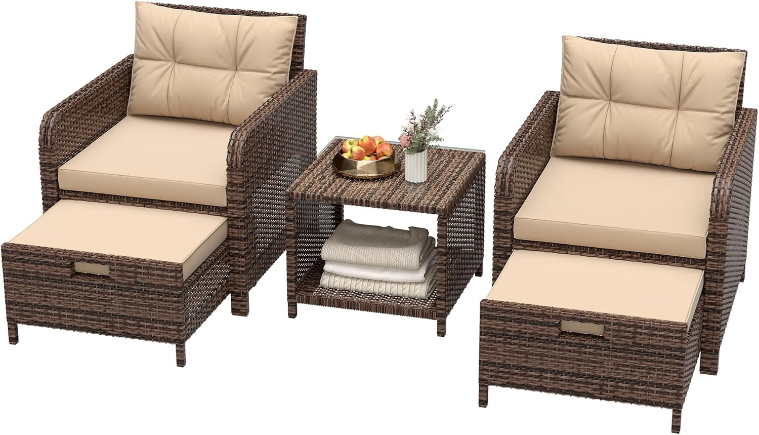 Lhbcraft Balcony Furniture 5 Piece Wicker Patio Furniture Set, Outdoor Hand-Wove