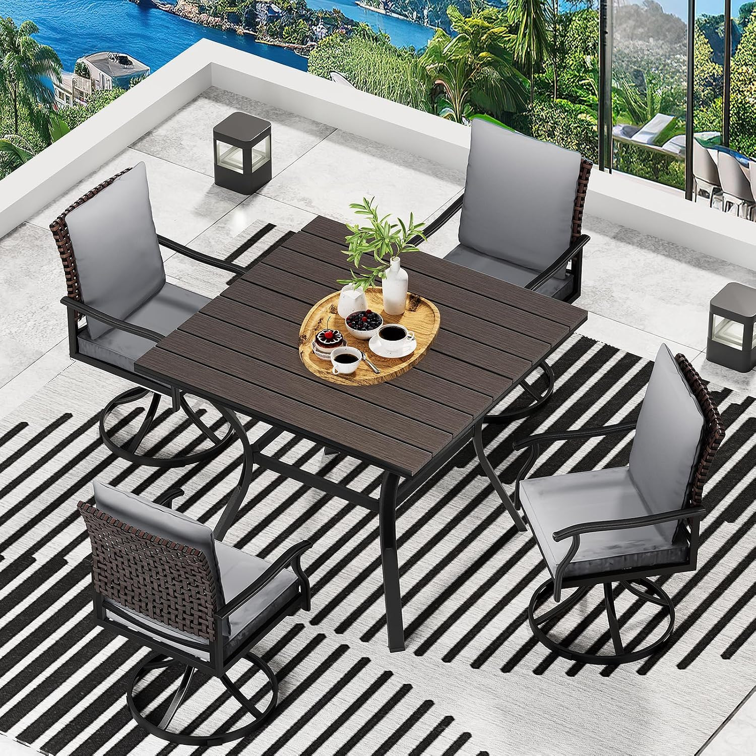 LEVELEVE 5 Piece Outdoor Patio Dining Set with 4 Swivel Dining Chairs & 1 Large