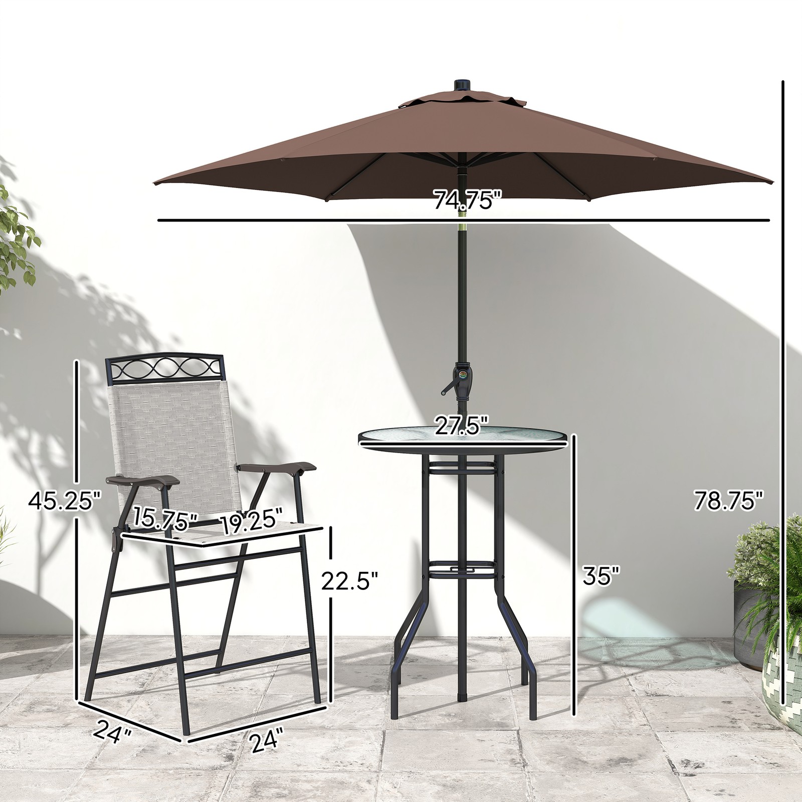 4pc Outdoor Patio Dining Set Furniture, 2 Folding Chairs, Table, Umbrella, Beige