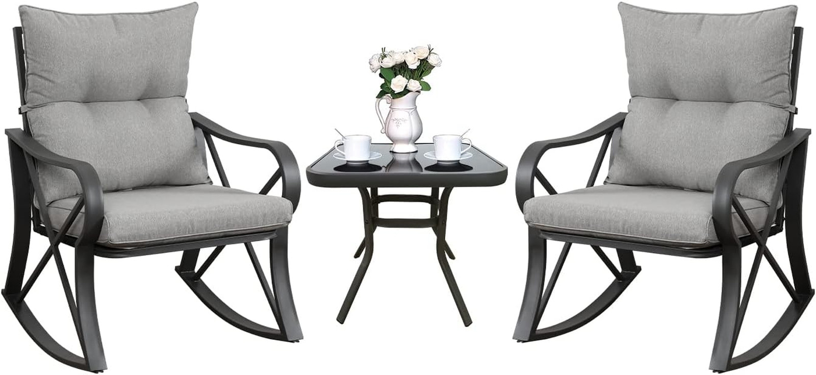 COSIEST 3 Piece Bistro Set Patio Rocking Chairs Outdoor Furniture W Warm Gray Cu