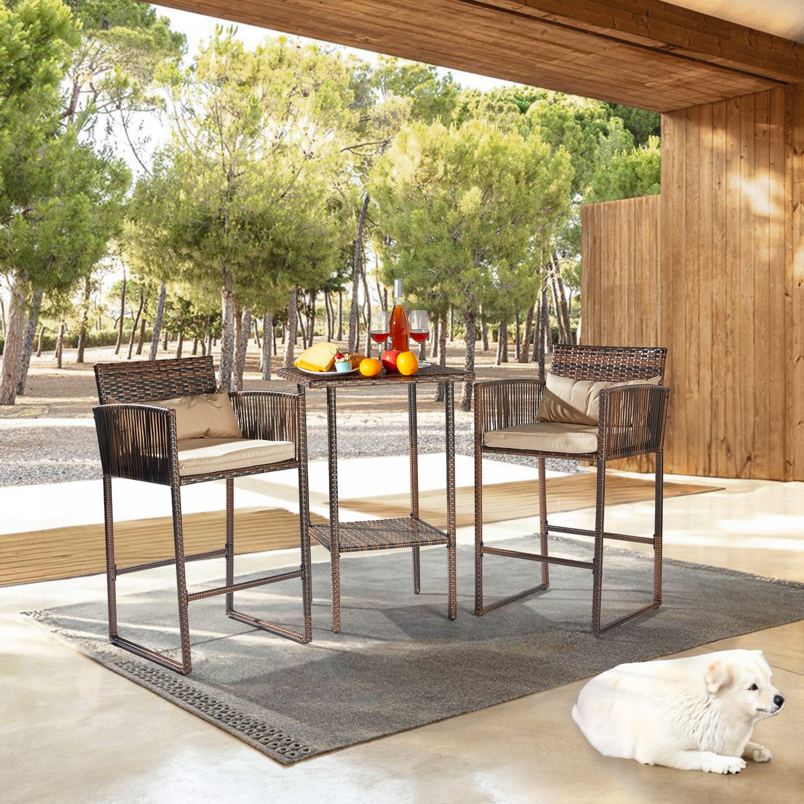 Bar Height Bistro Table Set for 2 People, High Top Wicker Bar Stools & Table
