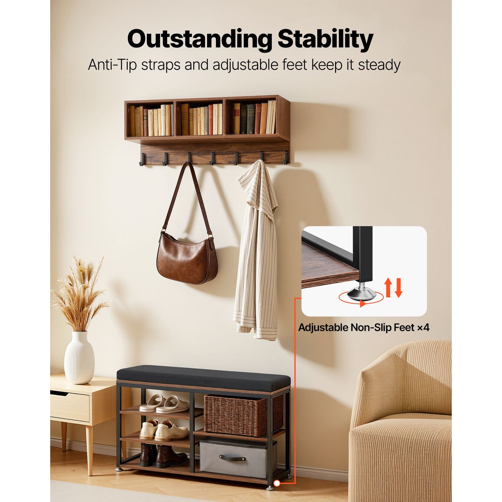 3 – in – 1 coat rack with shoe bench, hooks, and bookshelf, steel frame, rustic